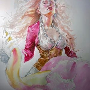 Puede incluir: Una ilustraci&oacute;n en acuarela que muestra una figura con cabello largo y fluido, vistiendo una chaqueta rosa brillante sobre una blusa blanca con volantes y un cors&eacute; dorado. La figura sostiene una gran forma curva amarilla con un s&iacute;mbolo de Tauro.