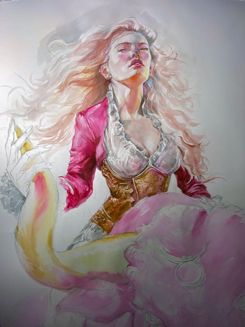 Puede incluir: Una ilustraci&oacute;n en acuarela que muestra una figura con cabello largo y fluido, vistiendo una chaqueta rosa brillante sobre una blusa blanca con volantes y un cors&eacute; dorado. La figura sostiene una gran forma curva amarilla con un s&iacute;mbolo de Tauro.