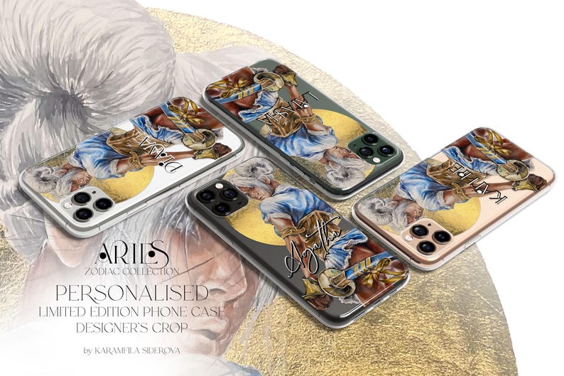May include: Three phone cases featuring an illustration of a figure with white hair, a blue shirt, and gold accents against a yellow circle. The text on the cases includes names like Diana, Agatha, and Kanya. The background displays the text ARIES ZODIAC COLLECTION PERSONALISED LIMITED EDITION PHONE CASE DESIGNER'S CROP by KARAMFILA SIDEROVA.
