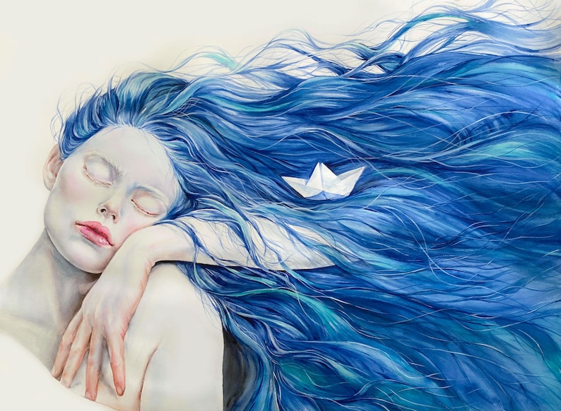 May include: A painting of a figure with pale skin and closed eyes, resting their head on an arm. The figure has long, flowing hair in shades of deep blue, turquoise, and navy. A small, white paper boat rests within the waves of the hair.