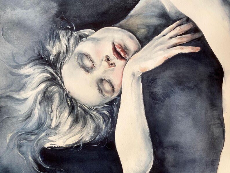 May include: A watercolor painting depicting a person with closed eyes and flowing hair, resting their head against a dark, shadowy form. The color palette features deep indigo, charcoal, and black tones contrasted with pale skin and red lips.