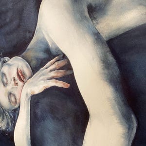 May include: A watercolor painting depicting a figure with pale skin and dark hair resting against a deep navy blue background. The figure has closed eyes, red lips, and one hand positioned near the face, rendered in shades of blue and white.