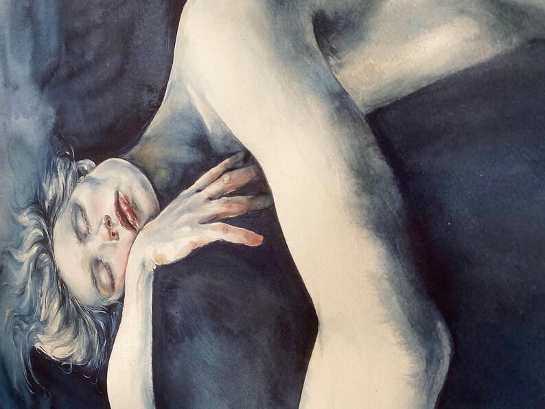 May include: A watercolor painting depicting a figure with pale skin and dark hair resting against a deep navy blue background. The figure has closed eyes, red lips, and one hand positioned near the face, rendered in shades of blue and white.