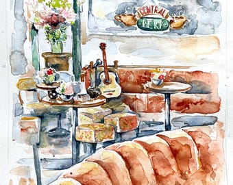 Op de afbeelding: Een aquarel van een interieur van een koffiebar met een grote oranje bank op de voorgrond, kleine ronde tafels, een gitaar en een bord aan de muur met de tekst Central Perk. De scène bevat bloemstukken en zachte verlichting.