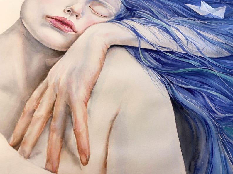 May include: A watercolor painting depicting a person with long, flowing blue hair resting their head on their hand. A small white paper boat is nestled within the vibrant blue hair strands. The figure has pale skin and soft pink lips.