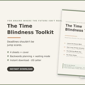 May include: The Time Blindness Toolkit is a digital document set featuring a cover page and four sheets. The text includes 'For brains where the future isn't real', 'The Time Blindness Toolkit', 'Deadlines shouldn't be jump scares', and lists four planning modules.