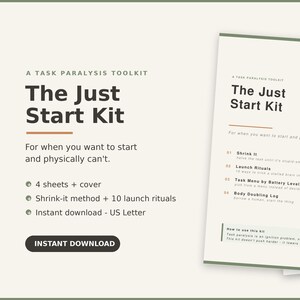 May include: A digital task paralysis toolkit titled The Just Start Kit, featuring four sheets and a cover. The document includes the Shrink-it method, ten launch rituals, a task menu by battery level, and a body doubling log in US Letter format.