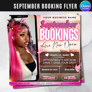 Editable September Booking Flyer, DIY Hair Lash Makeup Nail Appointments Available Flyer Template, Social Media Flyer, Book Now Flyer