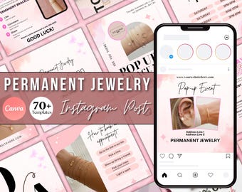 Postagens editáveis de joias permanentes no Instagram, branding de joias permanentes estéticas nas mídias sociais, postagens de joias permanentes no Instagram, modelos do Canva