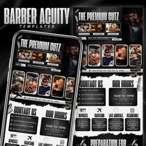May include: A digital template for a barber shop website displayed on a smartphone and a flat layout. The design features the text THE PREMIUM CUTZ BY AMBROSE WATSON, service images, contact information, business hours, and icons for booking policies.