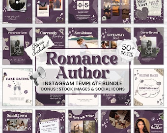 Pacchetto di modelli Instagram per autori di romanzi rosa, modelli Canva per il marketing editoriale, marketing sui social media per il coinvolgimento degli autori, post per autori di romanzi rosa