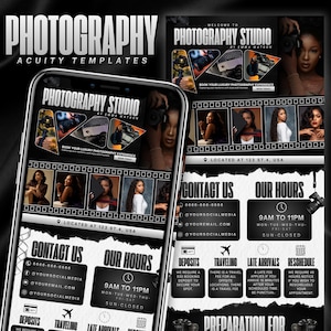 May include: A digital template for a photography studio business, displayed on a smartphone screen and a flat layout. The design features a film strip graphic, portrait photos, contact information, business hours, and the text Photography Studio.