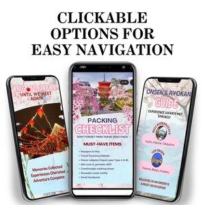 Puede incluir: Tres tel&eacute;fonos inteligentes que muestran gu&iacute;as de viaje para Jap&oacute;n. Las pantallas muestran una lista de verificaci&oacute;n de embalaje, una gu&iacute;a de aguas termales y un mensaje de despedida. El texto incluye "Opciones Clickables para una navegaci&oacute;n f&aacute;cil."