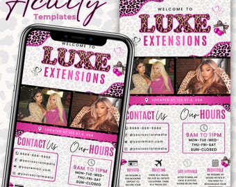 Può includere: Un volantino digitale rosa e leopardato per Luxe Extensions, visualizzato su uno smartphone e una stampa separata. Il volantino include informazioni di contatto, orari e dettagli su depositi, spese di viaggio, ritardi e riprogrammazione.