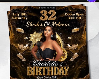 Volantino di compleanno "32 sfumature di melanina" per lei, volantino per festa di compleanno a tema marrone, invito di compleanno a tema discoteca DJ, volantino in tela per la celebrazione del 32° compleanno