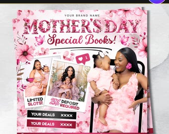 Volantino per prenotazioni per la Festa della Mamma, Volantino "Prenota ora" per maggio, Offerta speciale per la Festa della Mamma, Appuntamenti di maggio per capelli, unghie, trucco, ciglia e trecce (modificabile con Canva)