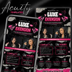 Peut inclure: Publicité numérique noire et rose pour les services capillaires Luxe Extension. Le design comprend le texte "Welcome to Luxe Extension" et les coordonnées. La publicité est affichée sur un smartphone et un flyer séparé.
