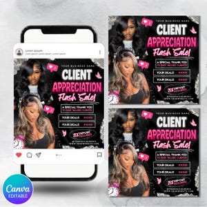 May include: A social media post promoting a client appreciation flash sale. The design features images of women with long hair, pink accents, and text that reads "Client Appreciation Flash Sale!" and "25% Deposit Required."