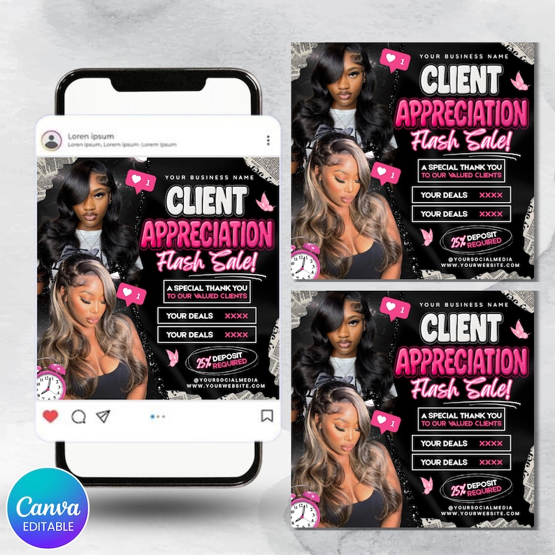 May include: A social media post promoting a client appreciation flash sale. The design features images of women with long hair, pink accents, and text that reads "Client Appreciation Flash Sale!" and "25% Deposit Required."