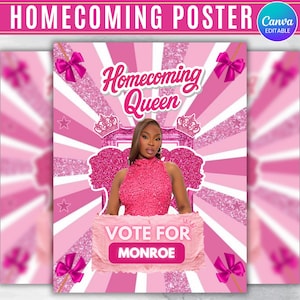 Homecoming Queen Poster, Pink And White Homecoming Poster, Homecoming Campaign, Class Treasurer, Class President, Edit then Print poster