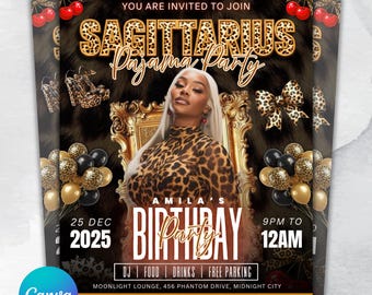 Folleto de cumpleaños con estampado de guepardo para Sagitario, cumpleaños en discoteca del zodiaco, fiesta de pijamas de Sagitario, folleto para fiesta de pijamas con estampado de leopardo