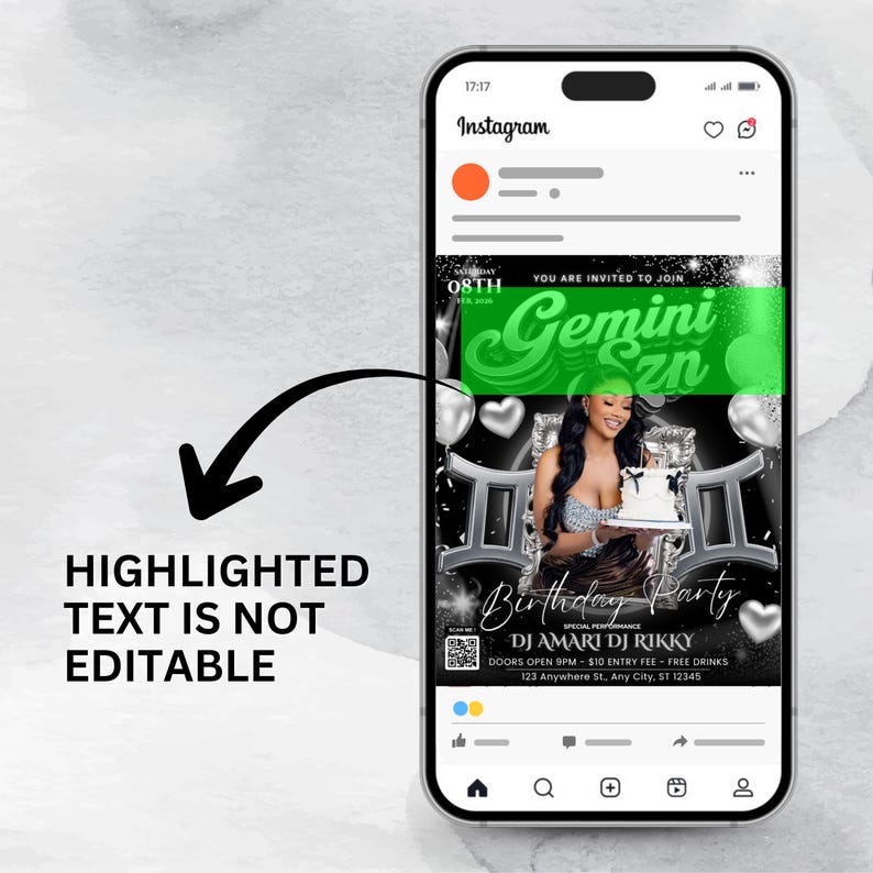 Puede incluir: Una captura de pantalla de un tel&eacute;fono inteligente muestra una publicaci&oacute;n de Instagram que anuncia una fiesta de cumplea&ntilde;os de G&eacute;minis. El dise&ntilde;o presenta a una mujer con un pastel, globos plateados y el texto "Gemini Szn" en verde. Incluye detalles del evento.
