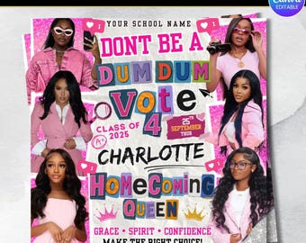 Vote Homecoming Queen Flyer, Vote For Me, Pink And White Class Campaign Flyer, Election Flyer Prom Queen Flyer, Canva Editable