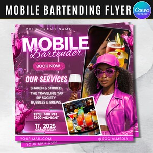 Volantino per barman mobile, fai da te, barman, servizi di bevande, pianificazione di eventi per feste, noleggio, social media, Instagram, modello modificabile Canva