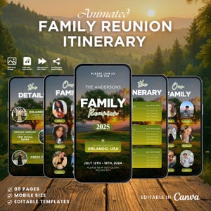 Puede incluir: Plantilla de itinerario animado de reunión familiar en teléfonos móviles. El diseño presenta un gráfico de árbol, fotos familiares y detalles del evento. El texto incluye "Family Reunion 2025" y "Orlando, USA".