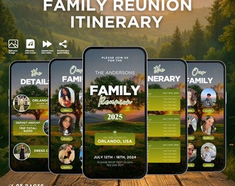 Itinerario digital para reunión familiar, viaje al árbol genealógico, reunión de exalumnos de secundaria, horario familiar, plantilla de itinerario editable, plantilla de Canva