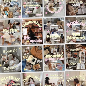 Puede incluir: Una cuadrícula de publicaciones en redes sociales con contenido temático de libros y varias superposiciones de texto, incluyendo Bookish Picks, My TBR Stack, September Life Update, Reading Goals, Book Of The Moment, Monthly Book Haul y Currently Obsessed.
