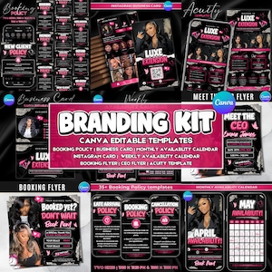 May include: A branding kit with Canva editable templates, including booking policies, business cards, and flyers. The design features a black and pink color scheme with images of a woman with long hair. The kit includes templates for Instagram and weekly calendars.