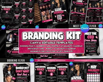 Kit di branding per capelli in nero e rosa, modello di pianificazione Acuity per parrucchieri, tecnici delle ciglia e truccatori, kit di marketing per capelli modificabile con Canva