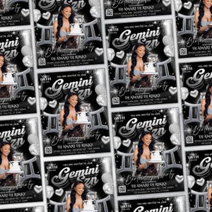 Puede incluir: Folletos en blanco y negro que anuncian una fiesta de cumplea&ntilde;os, con una mujer sosteniendo un pastel. El dise&ntilde;o tiene un tema de G&eacute;minis, con el texto "Birthday Party" y "Gemini Szn". Incluye c&oacute;digos QR.
