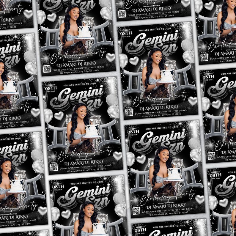 Puede incluir: Folletos en blanco y negro que anuncian una fiesta de cumplea&ntilde;os, con una mujer sosteniendo un pastel. El dise&ntilde;o tiene un tema de G&eacute;minis, con el texto "Birthday Party" y "Gemini Szn". Incluye c&oacute;digos QR.