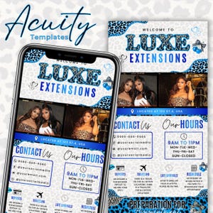 Könnte beinhalten: Digitales Marketing-Template für Luxe Extensions, mit einem Smartphone, das das Design anzeigt. Das Design umfasst Bilder von Frauen, Leopardenmuster und Kontaktinformationen in Blau und Weiß.