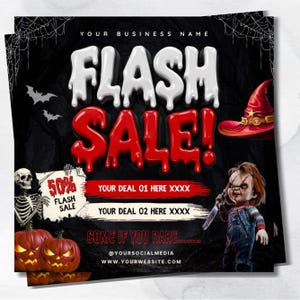 Puede incluir: Un gráfico promocional cuadrado con el texto FLASH SALE en letras blancas y rojas que gotean. Incluye un esqueleto con un cartel de 50% off, dos calabazas, un sombrero de bruja rojo y una muñeca con un cuchillo. El texto incluye YOUR BUSINESS NAME, YOUR DEAL 01 HERE XXXX, YOUR DEAL 02 HERE XXXX, COME IF YOU DARE, @YOURSOCIALMEDIA y WWW.YOURWEBSITE.COM.