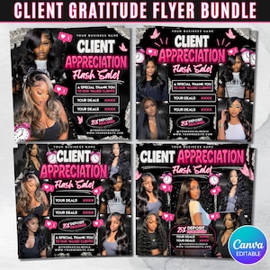 May include: A bundle of four flyers with the text "Client Appreciation Flash Sale!" in pink and black. Each flyer features images of women with long hair, clocks, and social media icons. The flyers are designed for business promotions.