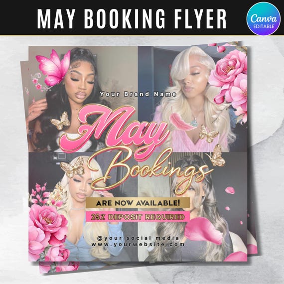 May Bookings Available Flyer, May Book Now Flyer, Mothers Day Special, May Appointments For Hair,Nails,Makeup,Lashes & Braids Canva Editable