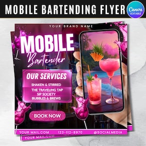 Volantino per barman mobile, fai da te, barman, servizi di bevande, pianificazione di eventi per feste, noleggio, social media, Instagram, modello modificabile Canva