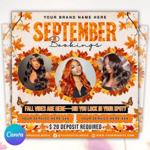 Editable September Booking Flyer, DIY Hair Lash Makeup Nail Appointments Available Flyer Template, Social Media Flyer, Book Now Flyer