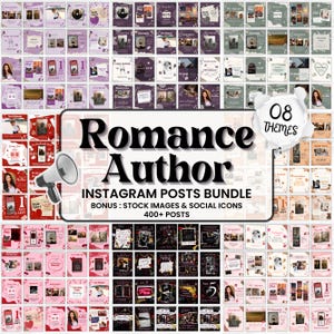 May include: Instagram post templates for romance authors. This bundle offers over 400 posts across 8 themes, with bonus stock images and social icons. The design features a variety of layouts in shades of purple, red, and black.