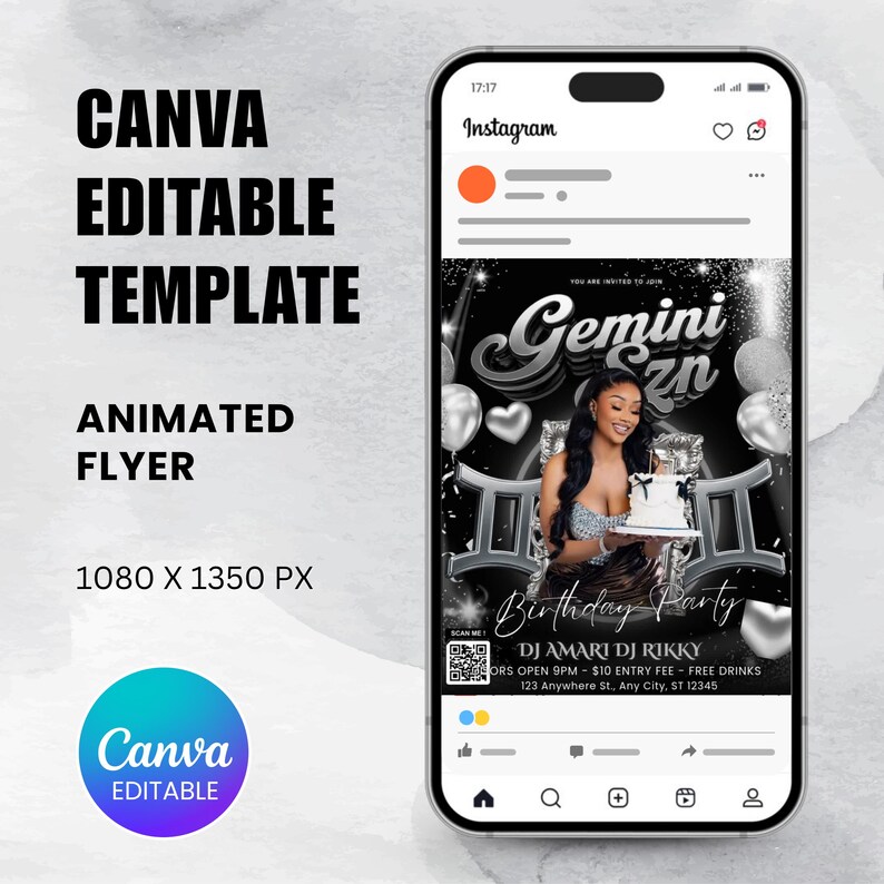 Puede incluir: Un smartphone muestra una publicaci&oacute;n de Instagram para una fiesta de cumplea&ntilde;os de G&eacute;minis. El folleto presenta a una mujer sosteniendo un pastel, globos plateados y el texto "Gemini Szn" y "Birthday Party". Es una plantilla editable de Canva.