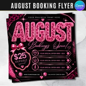 August Booking Available Flyer,August Book Now Flyer,Summer Special,August Appointments For Hair,Nails,Makeup,Lashes & Braids Canva Editable