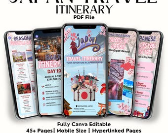 May include: A digital travel itinerary for Japan, displayed on five smartphones. The screens showcase seasonal festivals, daily itineraries, photography spots, and Japanese snacks. The design includes illustrations of Mount Fuji, cherry blossoms, and traditional Japanese elements.