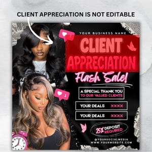 May include: A promotional graphic with two women's portraits, a pink alarm clock, and text that reads "Client Appreciation Flash Sale!" with details for deals and a 25% deposit. The background is black with pink accents.