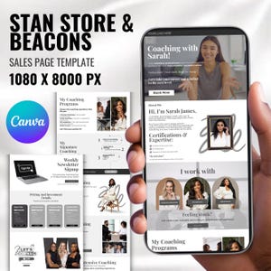Könnte beinhalten: Eine digitale Sales-Page-Vorlage auf einem Smartphone, die einen Coaching-Service präsentiert. Das Design umfasst Abschnitte für Programme, einen Newsletter-Anmeldebereich und Preisdetails. Die Vorlage ist mit dem Text "STAN STORE & BEACONS" und "Coaching with Sarah!" versehen.