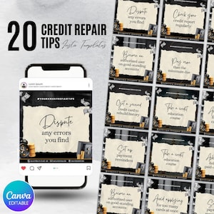 Credit Repair Tips, Credit Repair Instagram Post, Black & Gold Credit Repair Social Media Template, Credit Repair Flyer, Canva Editable