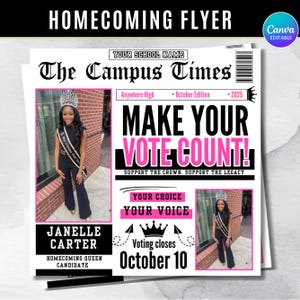 Op de afbeelding: Een flyer met de titel "Homecoming Flyer" en de titel "The Campus Times". De flyer promoot stemmen met de tekst "Make Your Vote Count!" in roze en zwart. Het bevat een foto van een vrouw met een kroon. Stemmen sluit op 10 oktober.