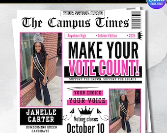 Homecoming Newspaper Flyer,Homecoming Flyer Template,Homecoming Queen & King Vote Flyer,Class Campaign Flyer Election Flyer Prom Queen Flyer